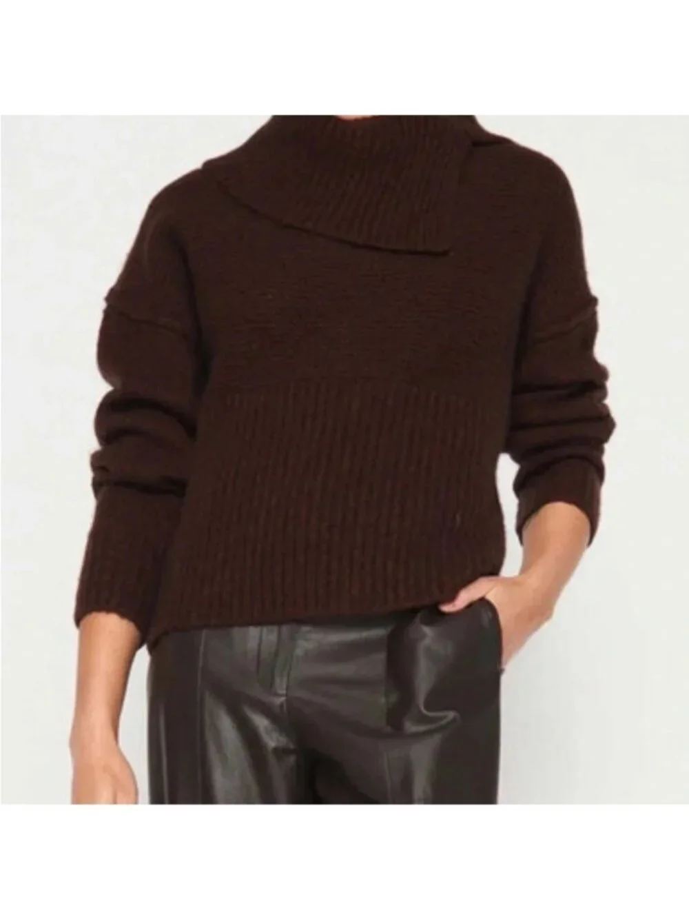 NWOT Brochu Walker Brown Wool Blend Cowl Neck Ribbed Sweater XS FVA3110